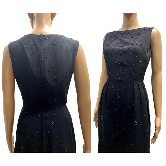 60s Black Beaded Cocktail Dress | Mid Century MOD Wiggle Dress LBD| Fits XS/S - Picture 11 of 12